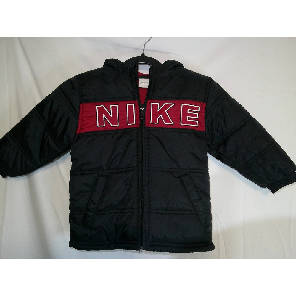 Vintage Y2K Nike Kids Black Red Puffer Hooded Winter Jacket‎ Size 4